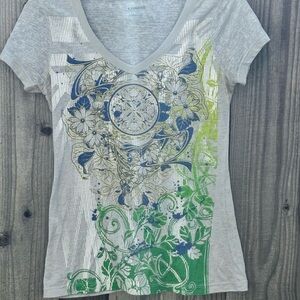 Express Gray V-Neck Tee with Blue & Green Floral Graphic